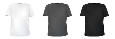 Set realistic white, gray, black t-shirt base cloth isolated on clean background. Collection blank mockup for branding man or woman fashion. Design casual template. 3d vector illustration.