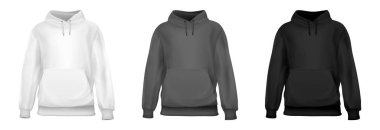 Set realistic white, gray, black hoodie base cloth isolated on clean background. Collection blank mockup for branding man or woman fashion. Design casual template. 3d vector illustration.