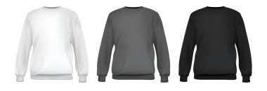 Set realistic white, gray, black sweatshirt base cloth isolated on clean background. Collection blank mockup for branding man or woman fashion. Design casual template. 3d vector illustration.