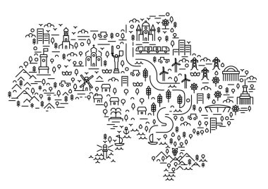 Silhouette monochrome ukraine map from linear elements isolated on white background. Creative design composition. Vector illustration.