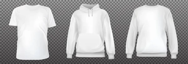 Set Realistic White Shirt Sweatshirt Hoodie Base Cloth Isolated Transparent — Vetor de Stock