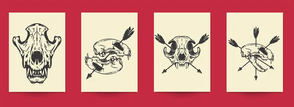 Set Hand Drawn Art Composition Animal Skulls Monochrome Vintage Style — Image vectorielle