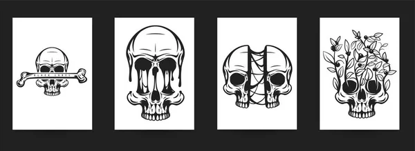 Set Hand Drawn Art Composition Skulls Monochrome Vintage Style Isolated — Image vectorielle