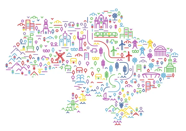 Silhouette color ukraine map from linear elements isolated on white background. Creative design composition. Vector illustration.