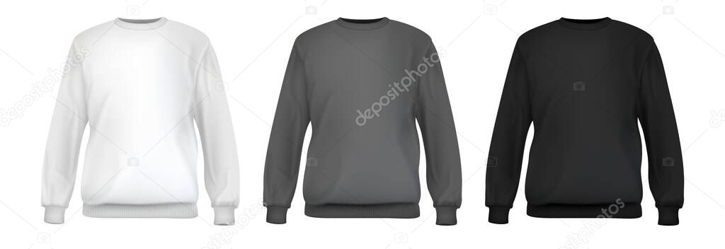 Set realistic white, gray, black sweatshirt base cloth isolated on clean background. Collection blank mockup for branding man or woman fashion. Design casual template. 3d vector illustration.