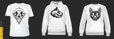 Kafatası hayvan izi. Sade arka planda gerçekçi tişört, sweatshirt ve kapüşonlu giysi ayarlayın. Erkek ya da kadın modası için bir model. Sıradan bir şablon tasarla. 3d vektör illüstrasyonu.