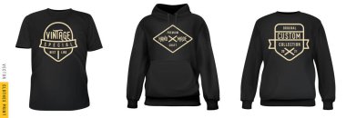 El yapımı vintage baskı. Sade arka planda gerçekçi tişört, sweatshirt ve kapüşonlu giysi ayarlayın. Erkek ya da kadın modası için bir model. Sıradan bir şablon tasarla. 3d vektör illüstrasyonu.
