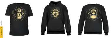 Sihirli şişe izleri. Sade arka planda gerçekçi tişört, sweatshirt ve kapüşonlu giysi ayarlayın. Erkek ya da kadın modası için bir model. Sıradan bir şablon tasarla. 3d vektör illüstrasyonu.
