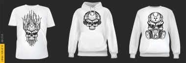 Kafatası sayborg izi. Sade arka planda gerçekçi tişört, sweatshirt ve kapüşonlu giysi ayarlayın. Erkek ya da kadın modası için bir model. Sıradan bir şablon tasarla. 3d vektör illüstrasyonu.