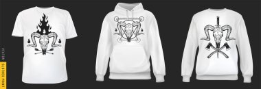 Keçi kafatası izleri. Sade arka planda gerçekçi tişört, sweatshirt ve kapüşonlu giysi ayarlayın. Erkek ya da kadın modası için bir model. Sıradan bir şablon tasarla. 3d vektör illüstrasyonu.