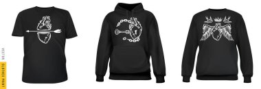 İnsan kalbi sanat baskısı. Sade arka planda gerçekçi tişört, sweatshirt ve kapüşonlu giysi ayarlayın. Erkek ya da kadın modası için bir model. Sıradan bir şablon tasarla. 3d vektör illüstrasyonu.