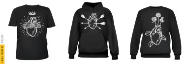 İnsan kalbi sanat baskısı. Sade arka planda gerçekçi tişört, sweatshirt ve kapüşonlu giysi ayarlayın. Erkek ya da kadın modası için bir model. Sıradan bir şablon tasarla. 3d vektör illüstrasyonu.