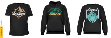 Dağ rozeti izi. Sade arka planda gerçekçi tişört, sweatshirt ve kapüşonlu giysi ayarlayın. Erkek ya da kadın modası için bir model. Sıradan bir şablon tasarla. 3d vektör illüstrasyonu.