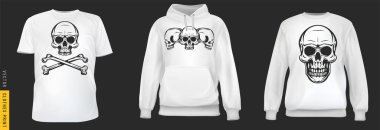Vintage çizin kafatası izi. Sade arka planda gerçekçi tişört, sweatshirt ve kapüşonlu giysi ayarlayın. Erkek ya da kadın modası için bir model. Sıradan bir şablon tasarla. 3d vektör illüstrasyonu.