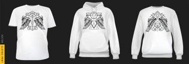 Geometrik kanat izi. Sade arka planda gerçekçi tişört, sweatshirt ve kapüşonlu giysi ayarlayın. Erkek ya da kadın modası için bir model. Sıradan bir şablon tasarla. 3d vektör illüstrasyonu.
