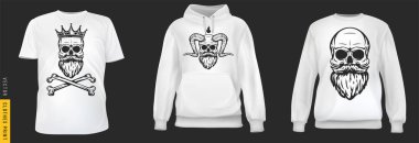 Klasik sakal kafatası izi. Sade arka planda gerçekçi tişört, sweatshirt ve kapüşonlu giysi ayarlayın. Erkek ya da kadın modası için bir model. Sıradan bir şablon tasarla. 3d vektör illüstrasyonu.