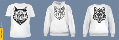 Kurt kafası izi. Sade arka planda gerçekçi tişört, sweatshirt ve kapüşonlu giysi ayarlayın. Erkek ya da kadın modası için bir model. Sıradan bir şablon tasarla. 3d vektör illüstrasyonu.