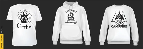 Handgezeichneter Lagerfeuerdruck Set Realistische Shirt Sweatshirt Kapuzenpullover Basistuch Isoliert Auf — Stockvektor