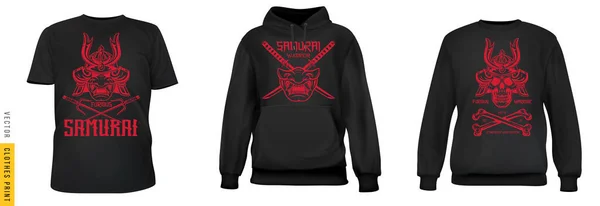 Samurai Krieger Kunstdruck Set Realistische Shirt Sweatshirt Kapuzenpullover Basistuch Isoliert — Stockvektor