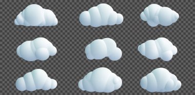 Şeffaf arkaplanda izole edilmiş komik çizgi film vektör bulutunu ayarla. Çocuklar kil, plastik ya da yumuşak oyuncak. Renkli tasarım öğesi koleksiyonu farklı şekillerde. Gerçekçi 3d illüstrasyon.