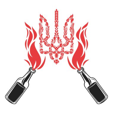 Silüet Ukrayna armalı molotof kokteyli. Soyut vatansever konsept sanat. Rusya ve Ukrayna arasındaki savaşı açıklamak için bir fikir. Yaratıcı vektör illüstrasyonu.