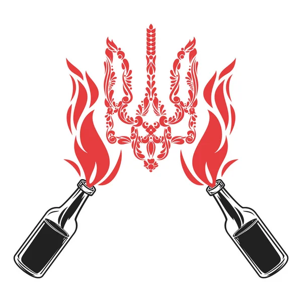 Silüet Ukrayna armalı molotof kokteyli. Soyut vatansever konsept sanat. Rusya ve Ukrayna arasındaki savaşı açıklamak için bir fikir. Yaratıcı vektör illüstrasyonu.