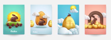 Tebrik kartı, afiş, poster, kapak, broşür için mutlu paskalya arkaplanları. Sevimli karikatür 3d tarzında koleksiyon şablonu. Vektör illüstrasyonu.