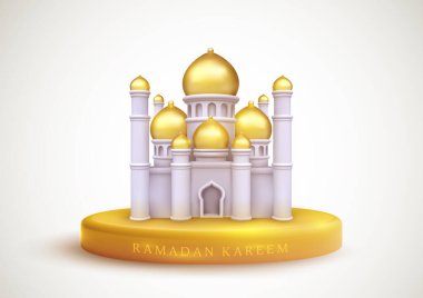 Ramazan kareem, altın kaidede güzel bir cami tasarımı. Karikatür 3D gerçekçi geleneksel İslami bayram konsepti. Pankart, kapak için şablon. Vektör illüstrasyonu.