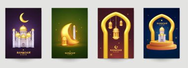 Ramazan kareem İslami güzel tasarım şablonu. 3D gerçekçi bir şekilde en düşük kompozisyon. Marka tebrik kartı, afiş, kapak, broşür ya da poster için tatil geçmişini ayarlayın. Vektör illüstrasyonu.