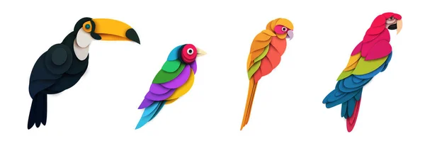 Zestaw Abstrakcyjnych Ptaków Odizolowanych Białym Tle Tukan Aratinga Zięby Macaw — Wektor stockowy
