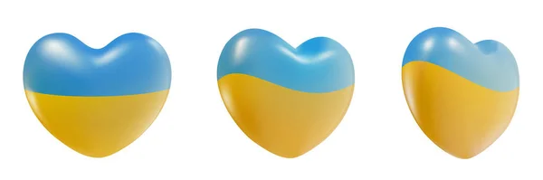 白の背景に隔離されたウクライナの旗の3D漫画光沢のある心異なるビューの色を設定します ゲームのための最小限の現実的なデザイン要素 ベクターイラスト — ストックベクタ