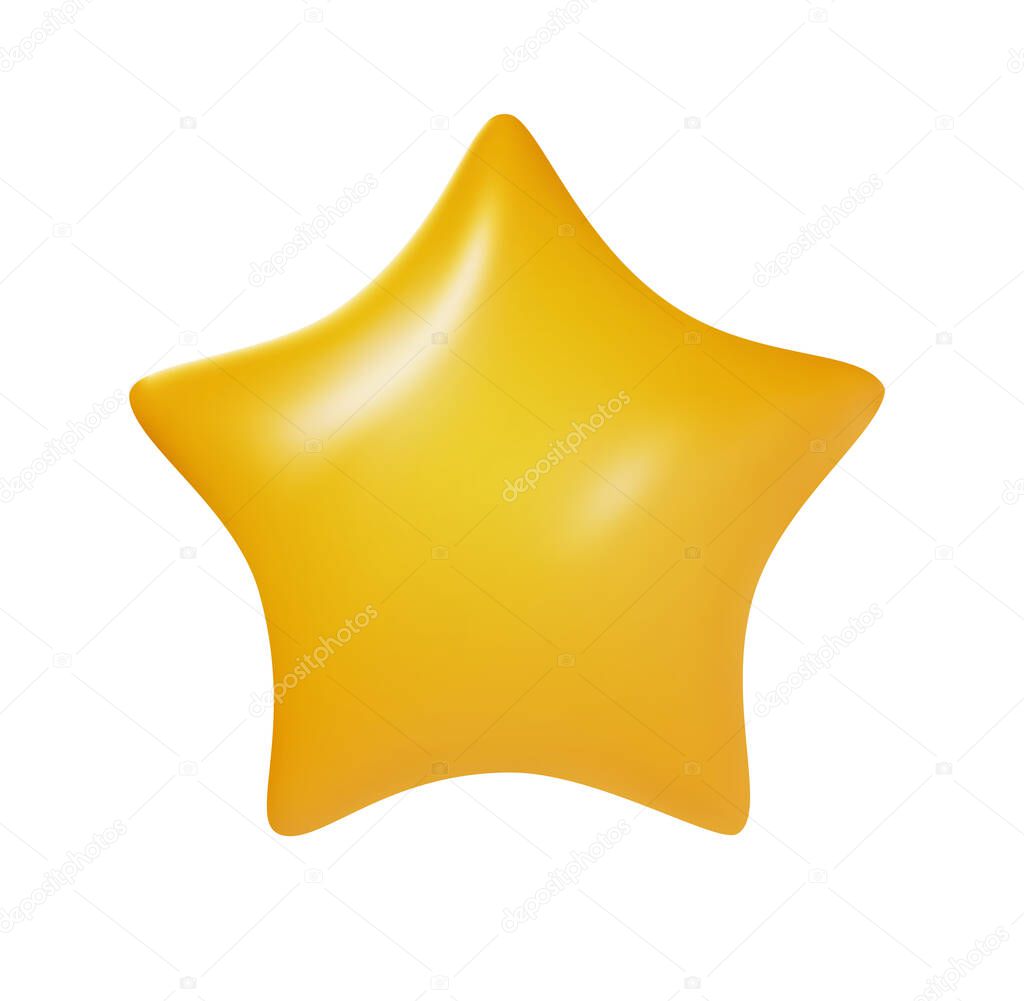 Cartoon yellow glossy star isolated on white background. Realistic sweet design children element. Colorful clay, plastic or soft toy. Beautiful vector illustration.
