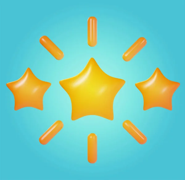 Tři Žluté Lesklé Hvězdy Paprsky Slunce Izolované Modrém Pozadí Realistický — Stockový vektor
