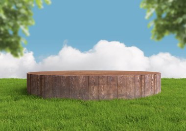 Yuvarlak ahşap podyum, kaide ya da yeşil çimenler ve mavi gökyüzü olan yaz manzarası. Gerçekçi 3D çizim. Soyut doğa bileşimi.