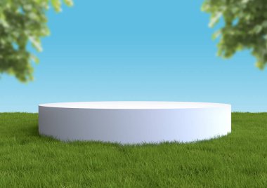 Yuvarlak beyaz podyum, kaidesel ya da yeşil çimenler ve mavi gökyüzü ile yaz manzarasında sergileniyor. Gerçekçi 3D çizim. Soyut doğa bileşimi.