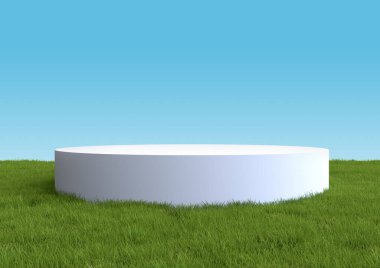 Yuvarlak beyaz podyum, kaidesel ya da yeşil çimenler ve mavi gökyüzü ile yaz manzarasında sergileniyor. Gerçekçi 3D çizim. Soyut doğa bileşimi.