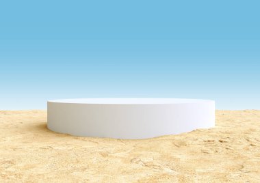 Yuvarlak beyaz podyum, kaide ya da yaz çöl manzarası üzerinde kum ve mavi gökyüzü. Gerçekçi 3D çizim. Soyut doğa bileşimi.