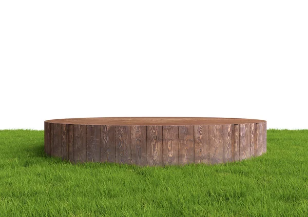Yuvarlak ahşap podyum, kaidesel ya da yaz manzarasında beyaz arka planda yeşil çimenler izole edilmiş şekilde sergilenir. Gerçekçi 3D çizim. Soyut doğa bileşimi.
