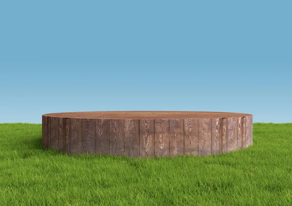 Wood Podium Pedestal Stand Display Summer Landscape Green Grass Blue — 스톡 사진