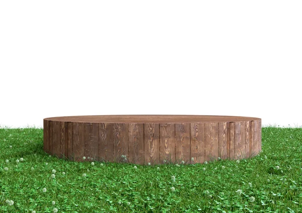 Wood Podium Pedestal Stand Display Summer Landscape Green Grass Isolated — 스톡 사진