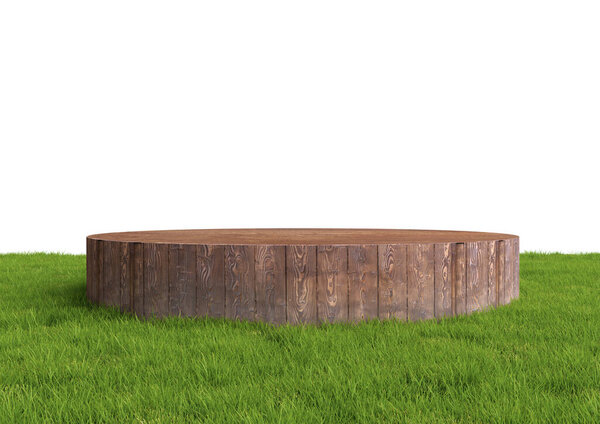 Wood Podium Pedestal Stand Display Summer Landscape Green Grass Isolated Stock Picture