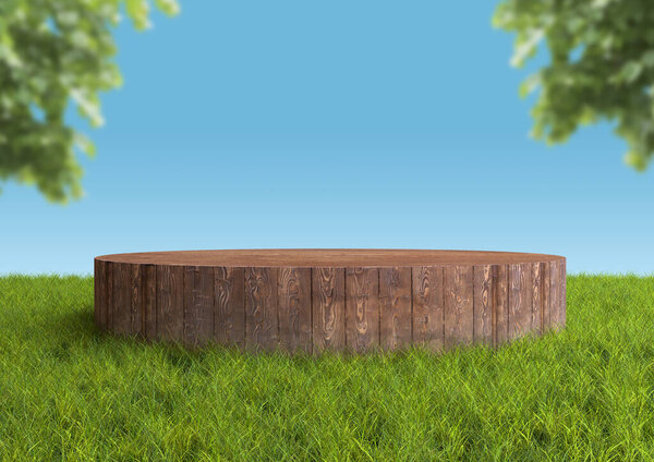 Wood Podium Pedestal Stand Display Summer Landscape Green Grass Blue Stock Image