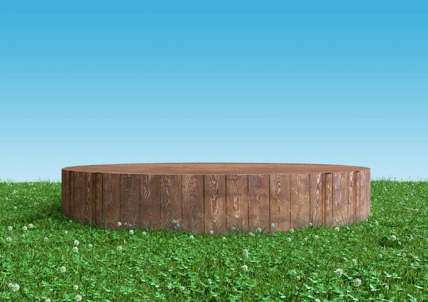Wood Podium Pedestal Stand Display Summer Landscape Green Grass Blue Royalty Free Stock Photos