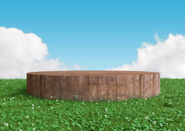 Wood Podium Pedestal Stand Display Summer Landscape Green Grass Blue Stock Picture