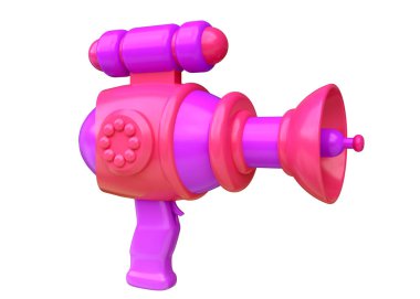 Çizgi film uzaylı uzay silahı. Komik gerçekçi oyuncak lazer silahı. Beyaz arka planda izole edilmiş şirin renkli fütürist sanat konsepti. 3d resimleme.