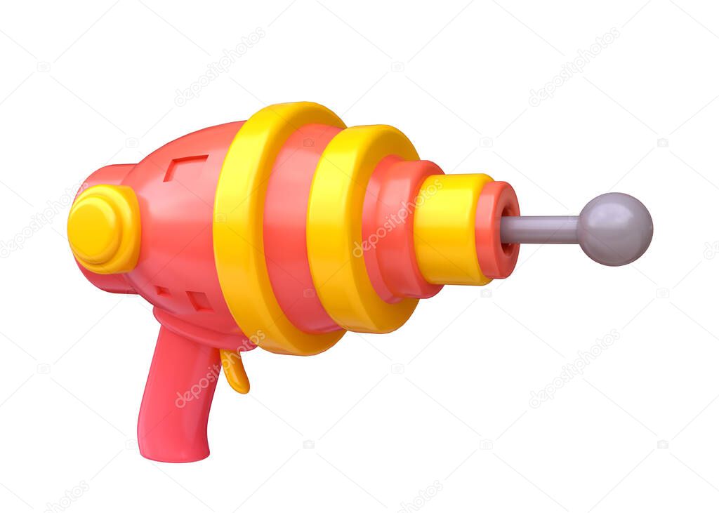 Cartoon alien space blaster gun. Funny realistic toy laser weapon. Cute colorful futuristic concept art isolated on white background. 3d render illustration.