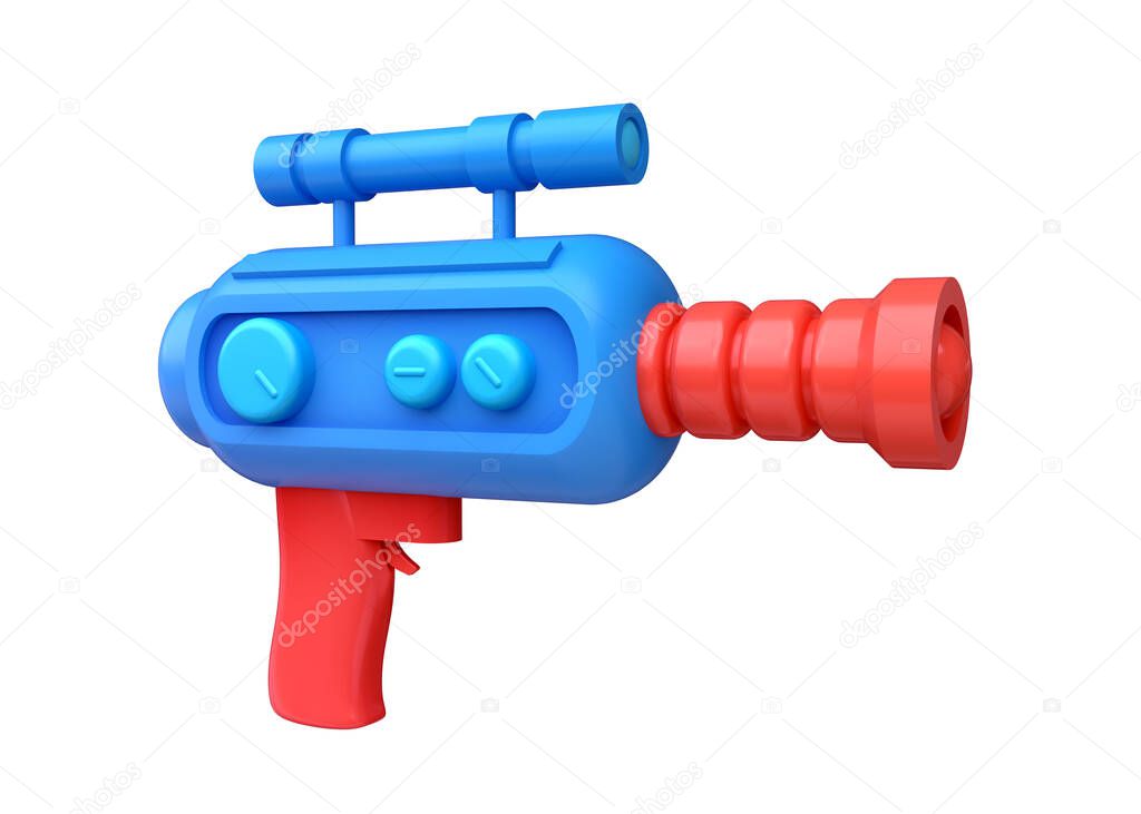 Cartoon alien space blaster gun. Funny realistic toy laser weapon. Cute colorful futuristic concept art isolated on white background. 3d render illustration.
