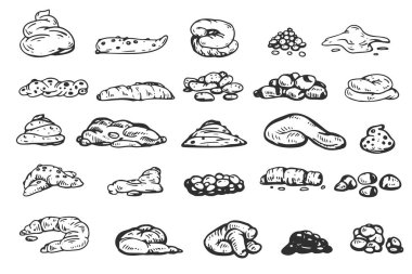 Set of hand drawn sketches shit different variations isolated on white background. Big collection cartoon doodle funny silhouettes poop. Vector elements.