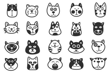 Beyaz arka planda izole edilmiş komik karalama tarzında bir grup kedi kafası. Koleksiyon elle çizilmiş karakter hayvanı. Çizgi film vektör illüstrasyonu.