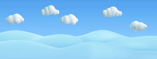 Realistik Kartun Bukit Salju Dengan Awan Putih Langit Biru Latar - Stok Vektor